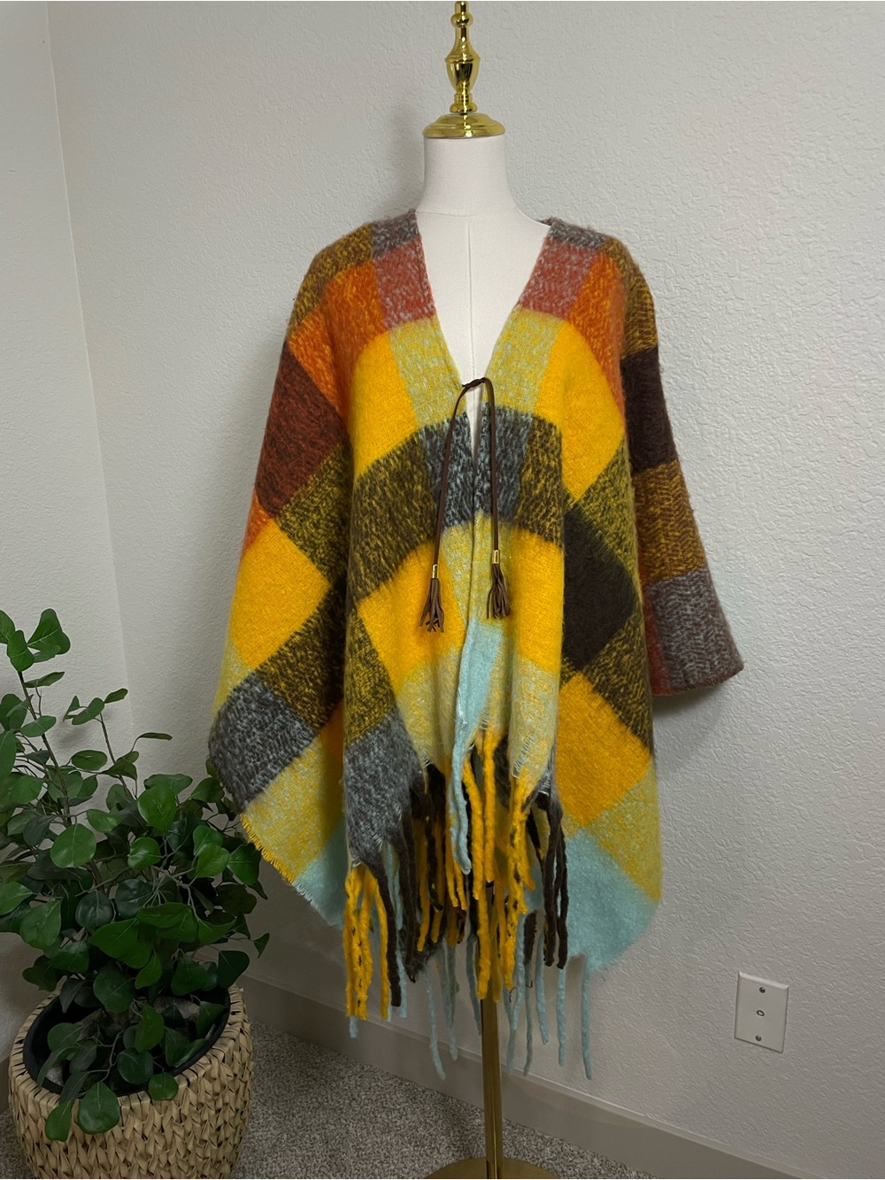 Marc New York Andrew Marc Plaid Fringe Poncho Wrap One Size NWT